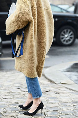 H&m sheep coat, shearling coat, street fashion, fur clothing, teddy bear, fake fur: Fur clothing,  Fake fur,  Shearling coat,  winter outfits,  Teddy bear,  Street Style,  Yellow And Beige Outfit  