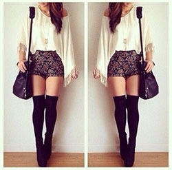 High waisted shorts and thigh highs: Crop top,  High-Heeled Shoe,  T-Shirt Outfit,  Knee highs,  Thigh High Socks  