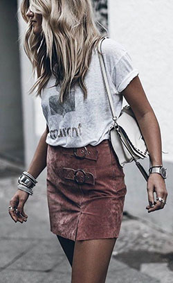 Colour dress suede skirt outfit, street fashion, fashion model, casual wear, crew neck, t shirt: Crew neck,  fashion model,  T-Shirt Outfit,  Street Style  