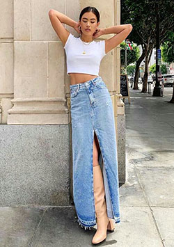 Denim maxi skirt with slit: Denim skirt,  Crop top,  T-Shirt Outfit,  Street Style,  White And Blue Outfit  