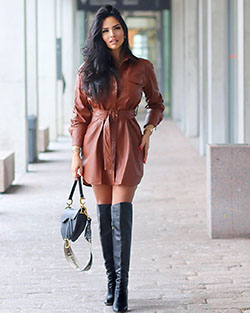 brown clothing ideas with knee-high boot, boot, apparel ideas: Boot Outfits,  Stylish Party Outfits  