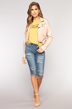 Yellow and beige colour combination with bermuda shorts, shorts, jeans: fashion model,  Bermuda shorts,  Fashion Nova,  Yellow And Beige Outfit,  Jeans Outfit,  yellow top  