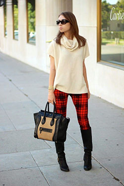 Wear plaid pants in winter: White Outfit,  Legging Outfits,  Street Style,  Checked Trousers  
