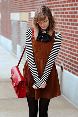 Attire sissy school caption, vintage clothing, school uniform, street fashion, knee highs: Vintage clothing,  School uniform,  Knee highs,  Street Style,  Orange And Brown Outfit,  Jumper Dress  