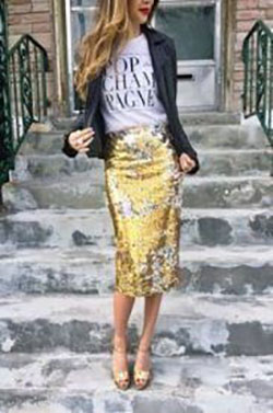 Colour outfit ideas 2020 style sequin skirt, street fashion, sequin skirt, pencil skirt, t shirt: Pencil skirt,  T-Shirt Outfit,  Sequin Dresses,  Street Style,  yellow outfit,  Sequin Skirts  