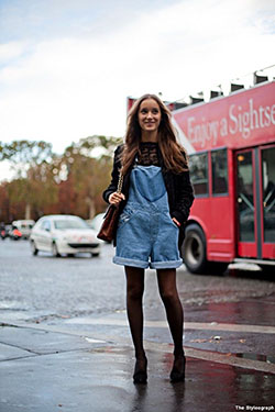 Short denim jumpsuit with tights: Long hair,  Street Style,  Brown And Pink Outfit,  Jumper Dress,  Denim Jumpsuit  