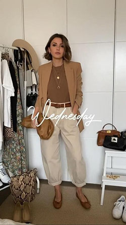 Brown and beige lookbook fashion with trousers, blazer, jeans: Fashion photography,  Brown And Beige Outfit,  Twinset Slouchy Jeans,  Slouchy Pants,  Brown Blazer  
