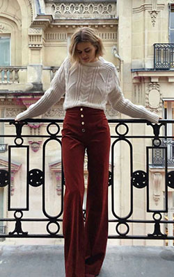 Flare pants outfits winter, winter clothing, street fashion, bell bottoms, casual wear: winter outfits,  Street Style,  Maroon And Red Outfit,  Bell Bottoms,  Corduroy Pant Outfits  