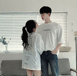 Clothing ideas ulzzang couple morning, korean language, korean idol, t shirt, k pop: T-Shirt Outfit,  White Outfit,  Matching Couple Outfits  