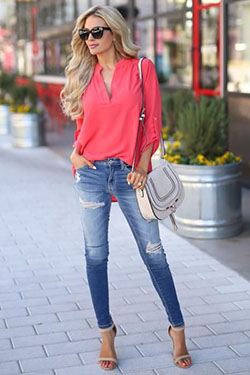 White and pink colour outfit, you must try with trousers, blouse, denim: Street Style,  White And Pink Outfit,  Orange Outfits  