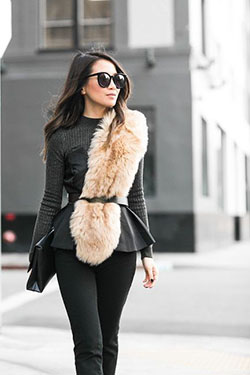 Faux fur scarf outfit, street fashion, fur clothing, fake fur: Fur clothing,  Fake fur,  Street Style,  White And Black Outfit,  Peplum Tops  