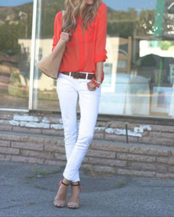 White jeans and red outfits: Crop top,  Street Style,  Orange And White Outfit,  Orange Outfits  