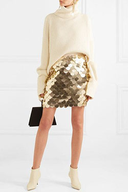 Beige and white colour outfit with miniskirt, skirt: fashion model,  Sequin Skirts,  Beige And White Outfit  