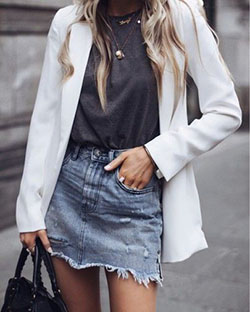 White colour outfit, you must try with trench coat, overcoat, uniform: Trench coat,  White Outfit,  Haute couture,  Street Style,  Denim skirt  