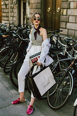 Pañuelo gucci outfit, street fashion, jean jacket: Street Style,  One Shoulder Top  