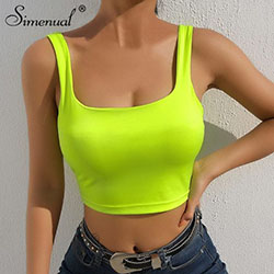 Neon green crop top, sleeveless shirt, casual wear, sports bra, crop top, t shirt: Crop top,  Sleeveless shirt,  Sports bra,  T-Shirt Outfit,  yellow outfit,  Bandeau Dresses  