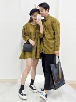 Colour outfit, you must try korean couple fashion, korean language, street fashion: Street Style,  Matching Couple Outfits  