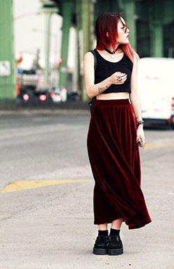 Black velvet maxi skirt outfit: Crop top,  fashion model,  Street Style,  Maroon Outfit,  Creepers Outfits,  Velvet Outfits  