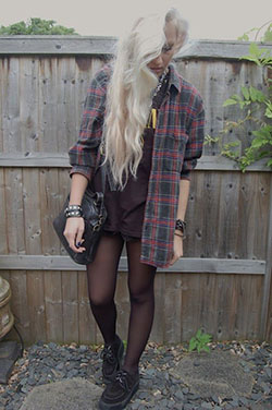 Brown colour dress with shorts, tights, tartan: T-Shirt Outfit,  Brown Outfit,  Creepers Outfits  