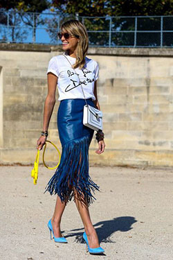 Colour outfit fringe street style suede fringe skirt, paris fashion week: Crop top,  Fashion week,  T-Shirt Outfit,  Cobalt blue,  Electric blue,  Street Style,  Electric Blue And Cobalt Blue Outfit,  Paris Fashion Week,  Suede Fringe Skirt  