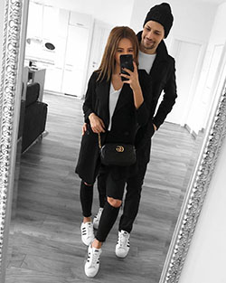 Black and white outfit style with sweatpant, leggings: Lapel pin,  Street Style,  Matching Couple Outfits,  Black And White Outfit  