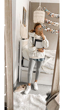 Colour combination grey leggings outfit, casual wear: Beige And White Outfit,  Girls Hoodies  