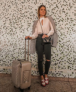 Brown colour outfit, you must try with polka dot, trousers, denim: Street Style,  Brown Outfit,  Airport Outfit Ideas  