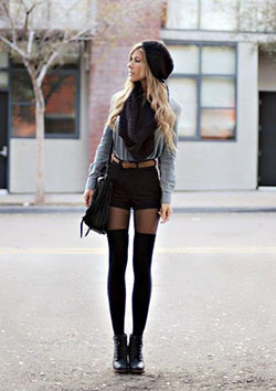 Colour outfit shorts and tights, street fashion, fashion model, knee highs: fashion model,  Black Outfit,  Knee highs,  Street Style,  Thigh High Socks  