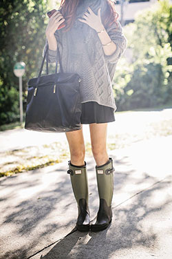 Army green rain boot outfit: Wellington boot,  Street Style,  Boot Outfits,  Knee High Boot  