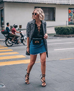 Colour outfit, you must try lian galliard outfits, street fashion: Street Style,  Blue Outfit,  Denim skirt  