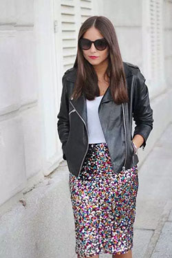 Sequin skirt outfit ideas sequin maxi skirt, leather jacket: Leather jacket,  Sequin Skirts,  Street Style,  White And Pink Outfit,  Sequin Maxi Skirt,  Sequin Outfits,  Black Leather Jacket  