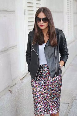 Sequin skirt outfit ideas sequin maxi skirt, leather jacket: Leather jacket,  Sequin Dresses,  Street Style,  White And Pink Outfit  