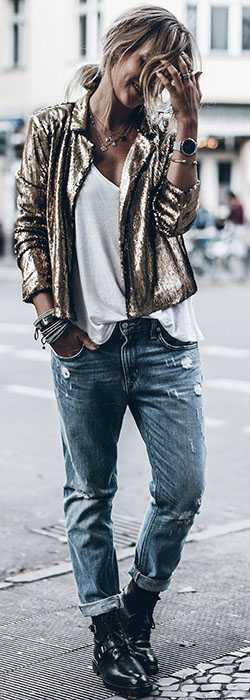 Colour outfit with trousers, leather, jacket: Sequin Dresses,  Street Style  