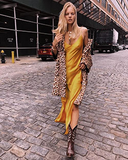 Shoes to wear with a slip dress: fashion model,  Long hair,  Slip dress,  Street Style,  yellow outfit  