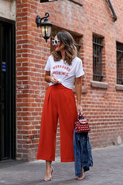 Dress down a jumpsuit, street fashion, t shirt: T-Shirt Outfit,  Street Style,  Orange Outfits  