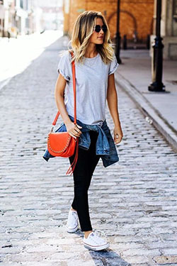 Dresses ideas casual hipster outfits, hipster fashion, street fashion, casual wear, t shirt: Casual Outfits,  T-Shirt Outfit,  Street Style,  Hipster Fashion,  Orange And White Outfit  