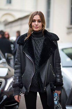Black Shearling Jacket with Black Turtleneck Sweater: Leather jacket,  Shearling coat,  winter outfits,  Flight jacket,  Street Style,  Turtleneck Sweater Outfits  