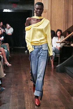 Yellow colour ideas with jeans: Fashion photography,  Fashion show,  fashion model,  Haute couture,  yellow outfit,  One Shoulder Top  