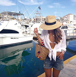 Instagram fashion womens boat outfits, fashion accessory, romper suit, boat shoe, sun hat: Romper suit,  Sun hat,  Boat shoe,  Fashion accessory,  Boating Outfits  