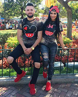 Attire ideas matching outfit couples, couple costume, street fashion, minnie mouse, t shirt: T-Shirt Outfit,  Couple costume,  Minnie Mouse,  Street Style,  Matching Couple Outfits  