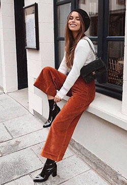 Orange style outfit with trousers, skirt, jeans: Street Style,  Orange Outfits,  Corduroy Pant Outfits  
