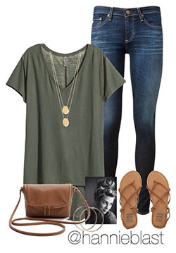 Military green t-shirt, skinny jeans, camel sandals & crossbody bag, long gold p... | Summer Outfit Ideas 2020: Jeans,  Outfit Ideas,  summer outfits,  bag,  Body Goals,  T-Shirt Outfit,  Military Outfit Ideas  