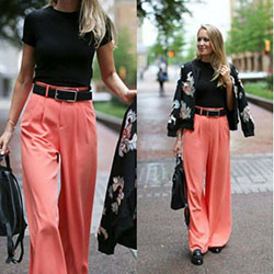 Womens coral pants outfit, business casual, street fashion, palazzo pants, navy blue, crop top: Crop top,  Business casual,  Navy blue,  Palazzo pants,  Street Style,  Orange Outfits  