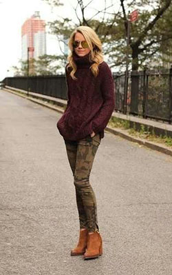 Winter outfit with camo skinny jeans: Maroon And Brown Outfit,  Army Leggings Outfit  