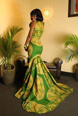 African dress with train african wax prints, wedding dress: Formal wear,  Roora Dresses,  Yellow And Green Outfit,  African Wax Prints  