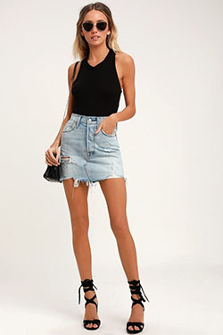 Cobalt blue and white clothing ideas with miniskirt, shorts, jeans: fashion model,  Cobalt blue,  Denim skirt  