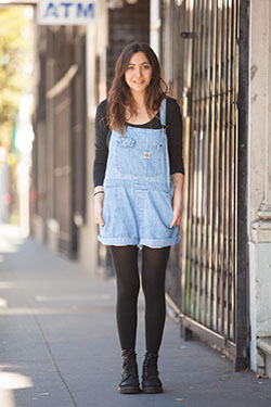 Dungaree shorts street style, black dungarees, street fashion, jean short: Street Style,  White And Blue Outfit,  Jumper Dress  