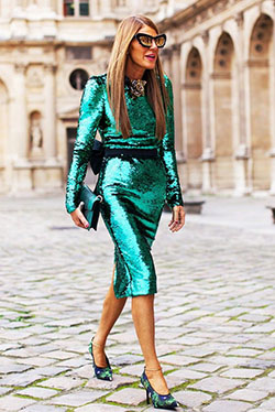 Anna dello russo style paris fashion week, street fashion: Pencil skirt,  fashion model,  Fashion week,  Sequin Dresses,  Street Style,  Turquoise And Green Outfit,  Paris Fashion Week  