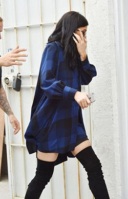 Black and blue style outfit with fashion accessory, trench coat, trousers: Trench coat,  Fashion accessory,  Kendall + Kylie,  Black And Blue Outfit,  Plaid Outfits  