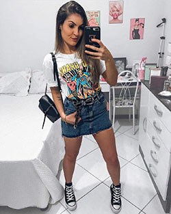 Colour outfit ideas 2020 looks estilosos femininos, denim skirt, t shirt: Denim skirt,  T-Shirt Outfit  